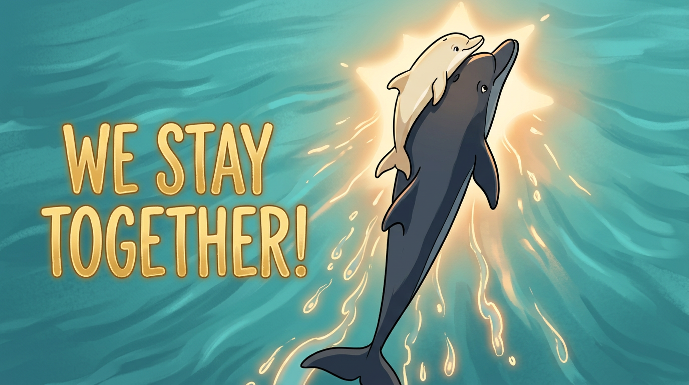 Cartoon illustration of Fraggle the dolphin lifting her calf to the surface, with hand-lettered text reading We Stay Together